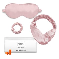 Набор:маска+повязка для волос +резинка+чех +беруши Love You Розовый 100% шёлк