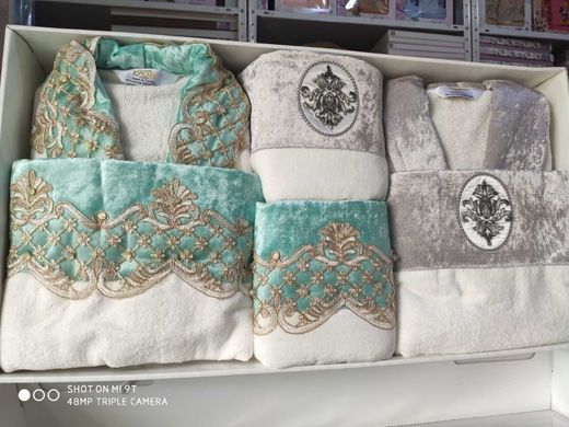 Семейный набор халат + полотенца Madame Dor Бирюза/Серый