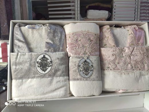 Семейный набор халат + полотенца Madame Dor Серый/Пудра