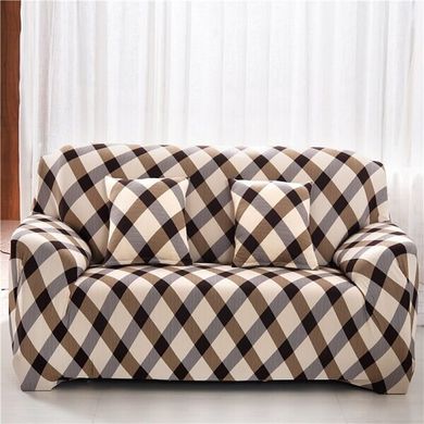 Чехол на диван + 2 кресла эластичные принт Homytex Клетка коричневая
